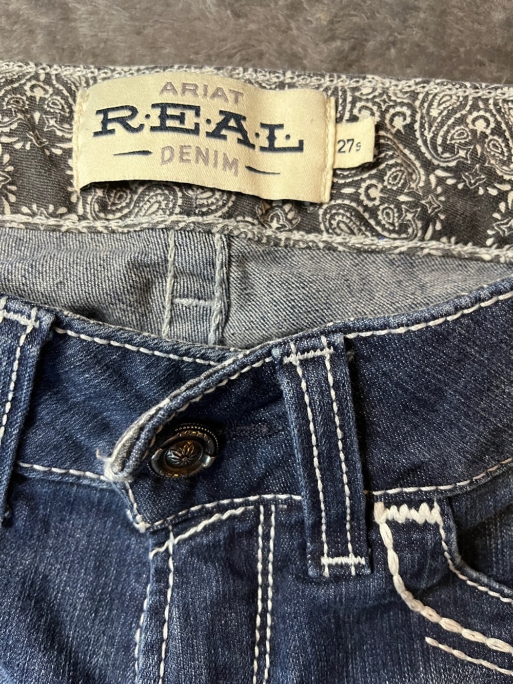 Ariat Women's Flared Midrise Boot Jeans in Dark and Medium Blue Wash - Picture 2 of 16